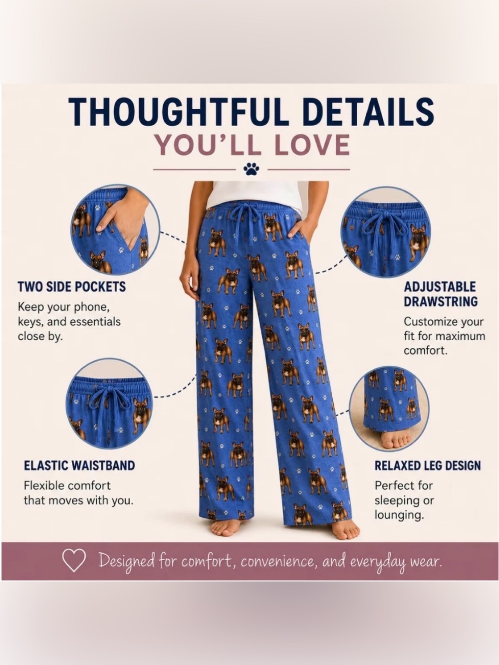 Comfies French Bulldog Pajama Pants Black Size M Unisex NWT - Picture 3 of 12